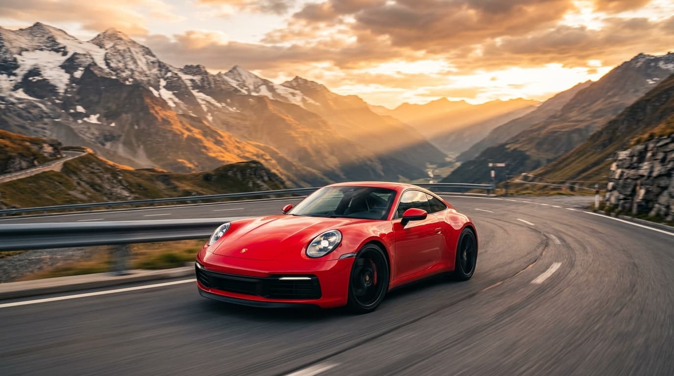 Car on a mountain road at golden hour